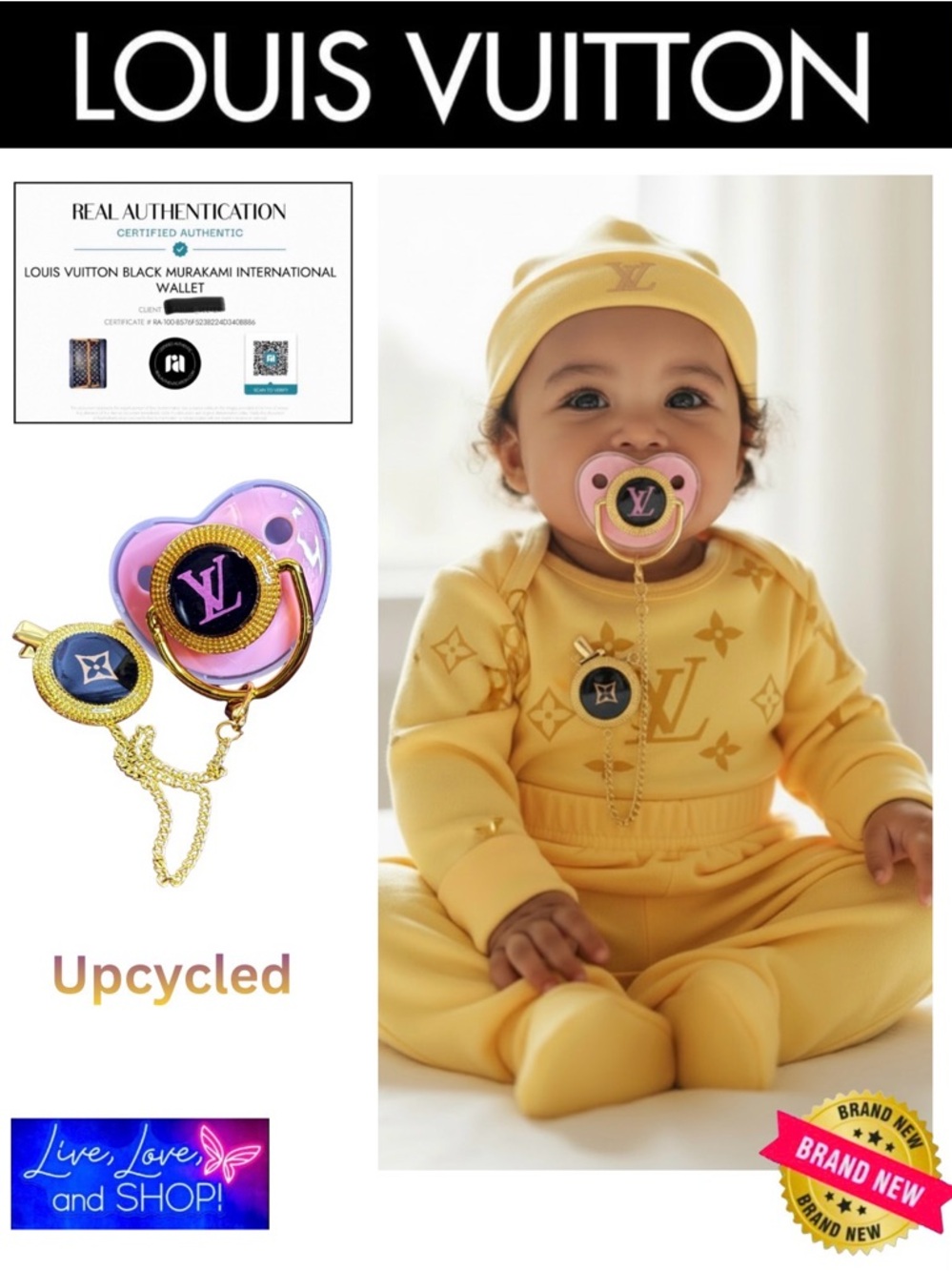 LOUIS VUITTON Murakami Upcycled Custom Pink/Yellow Pacifier w/Clip,COA